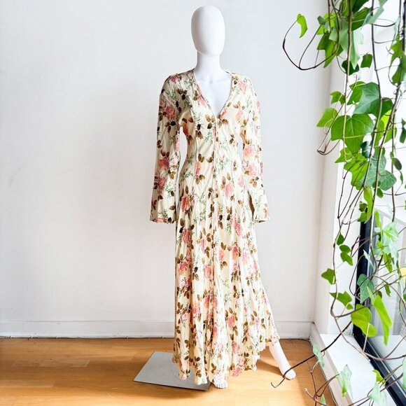 Zara Pastel Green Pink Floral Bias Cut Long Sleeve Maxi Dress XS - Picture 4 of 9